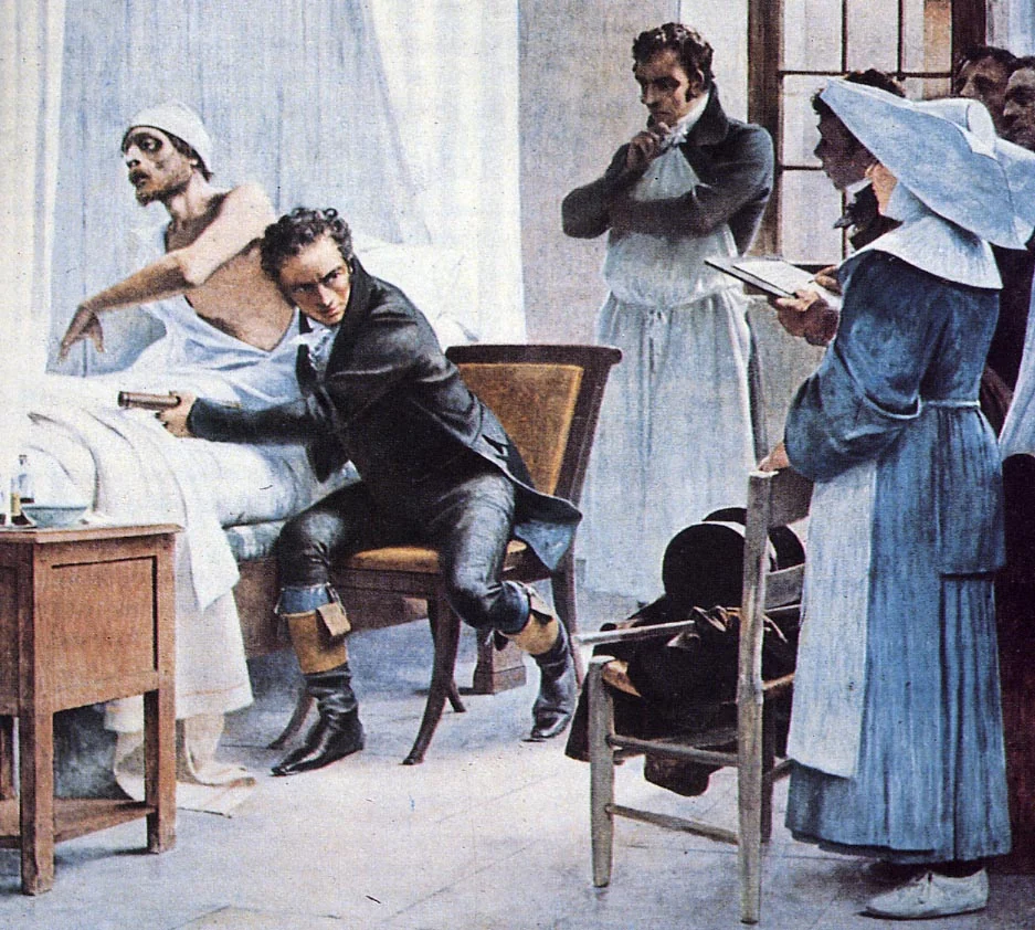 Fig. II — René Théophile Hyacinthe Laennec (1781–1826), who taught medicine to listen and died of the disease he learned to hear.` / credit: `Wikimedia Commons — public domain.