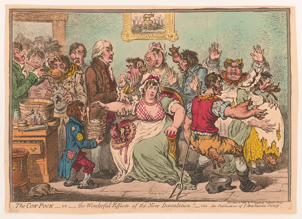 James Gillray, *The Cow-Pock - or - the Wonderful Effects of the New Inoculation!*, coloured etching, 1802. Library of Congress, no known restrictions on publication. WP media **519**.