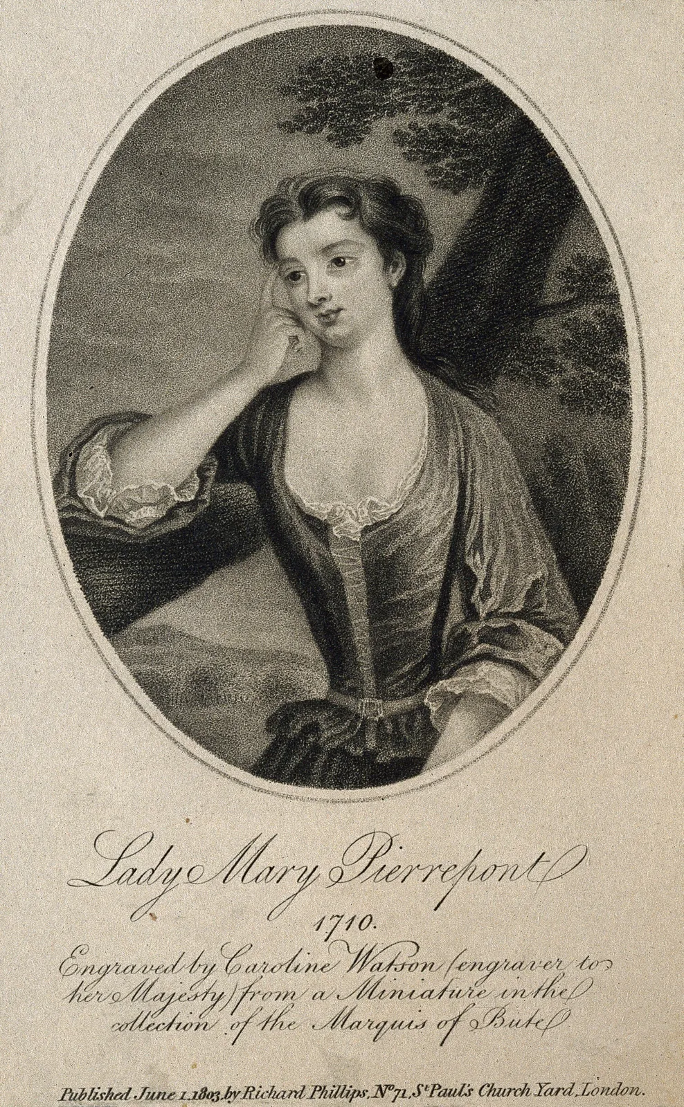 Lady Mary Wortley Montagu, who brought variolation to England, portrait engraving. Caroline Watson / Wellcome Collection, Public Domain Mark. WP media **520**.