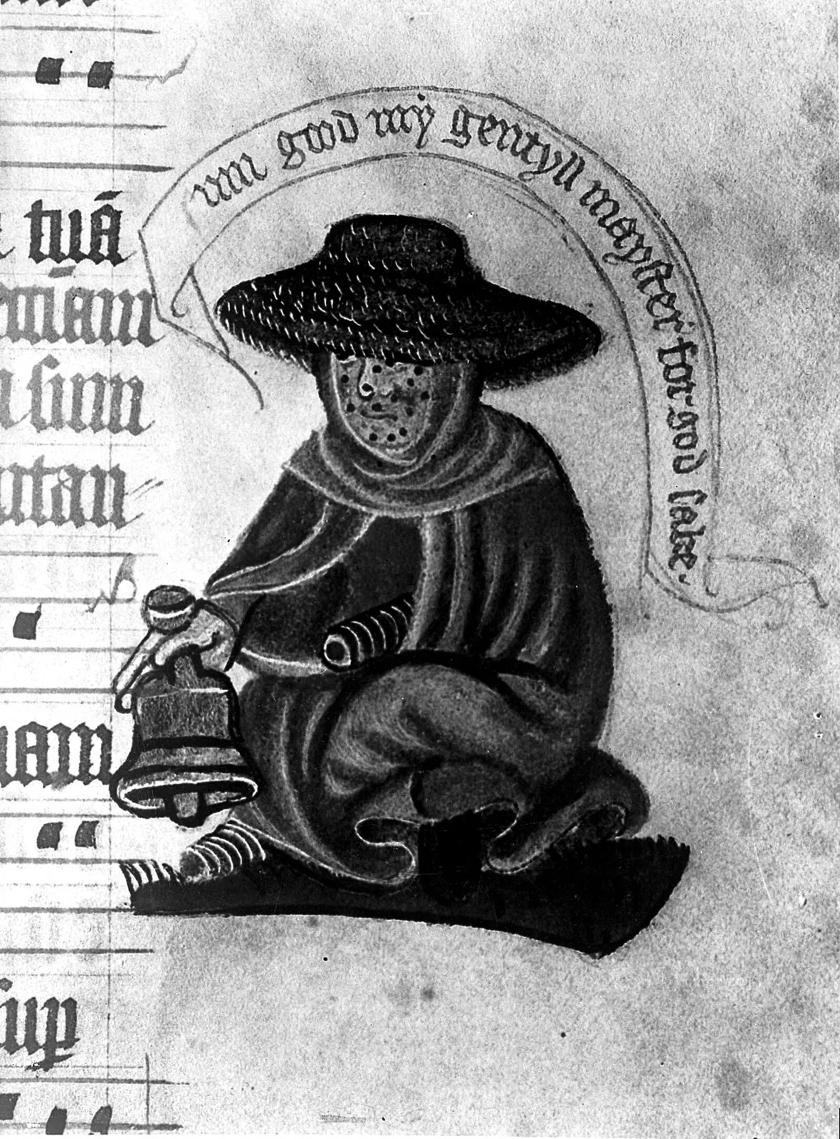 A leper sounds a bell to warn of his approach, a medieval manuscript. Long before plague, Scripture and custom had taught the West to lodge the afflicted outside the gate; the plague-house, the lazaretto, took its name from Lazarus, patron of lepers. (WP media **632**)