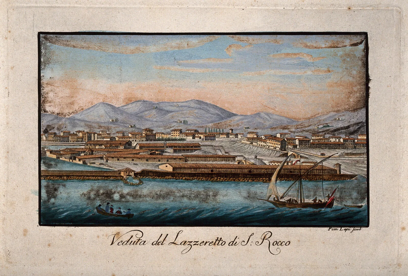 A lazaretto, or quarantine station, with ships held offshore. Ragusa began in 1377 with a thirty-day wait, a trentino; the forty-day quarantena of the Italian ports gave every European language its word for the practice. (WP media **634**)