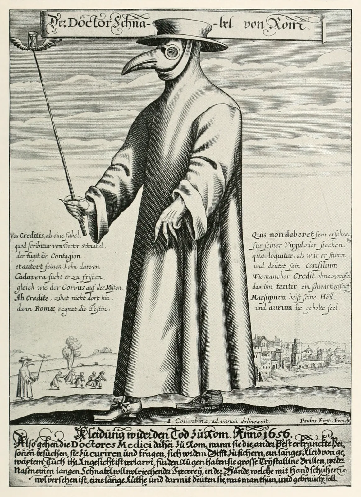 The plague doctor of Rome, his beak packed with aromatics against the "bad air." The mask belonged to the miasma theory, which ruled until the nineteenth century; the distance it forced belonged to the contagion no one could yet prove. (WP media **635**)