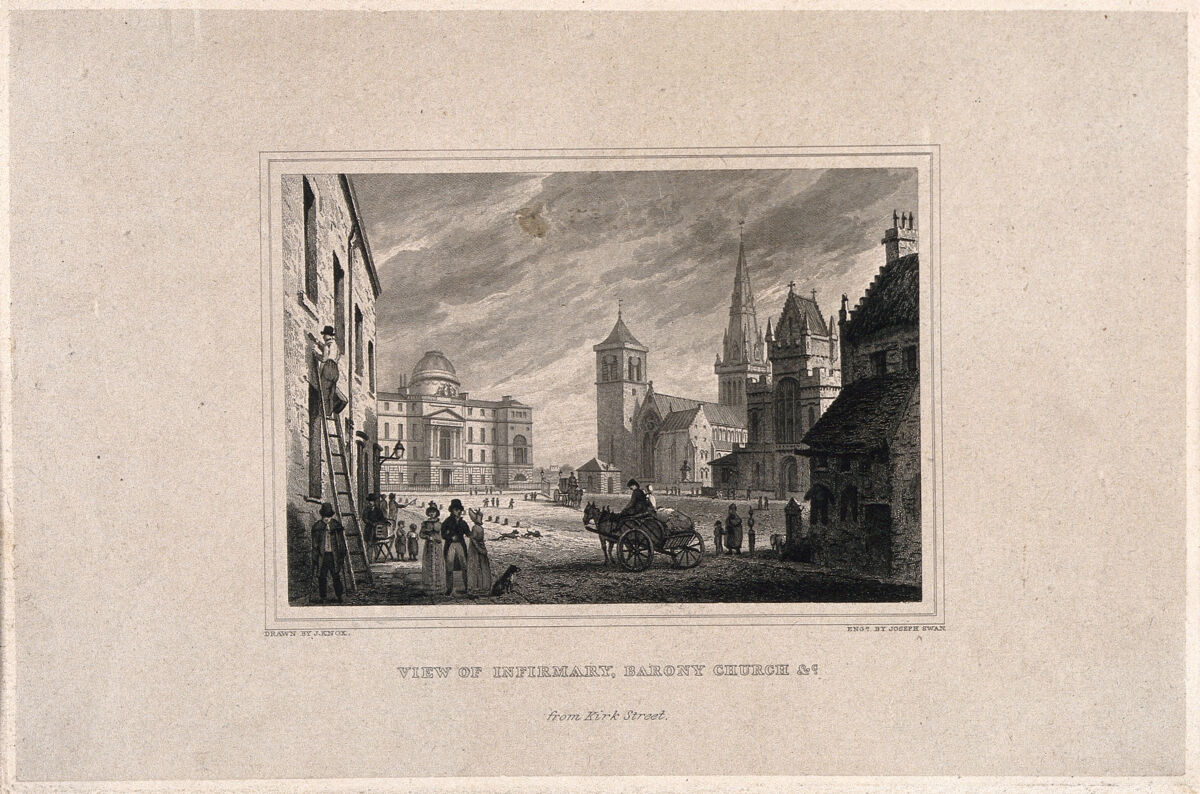 Lister's wards stood on a former burial-ground beside them. The Glasgow Royal Infirmary, the cathedral and the Barony Church; line engraving by J. Swan after J. Knox. Wellcome V0012693, Public Domain Mark.
