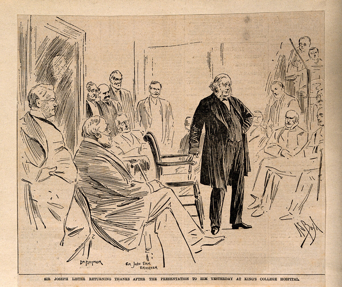 Recognition, nearly three decades after the principle was first met with doubt. Lister honoured at King's College Hospital, 1895; process print after A. S. Boyd. Wellcome V0006746, Public Domain Mark.
