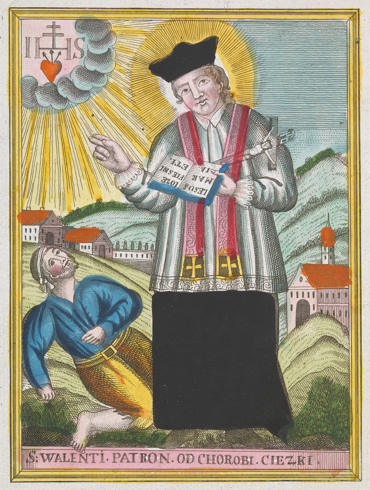 A bearded man in blue jacket and yellow breeches sprawls backwards on grass, bare feet forward, beneath a cleric in biretta and red stole. Yellow rays pour from a monogram in a cloud above.