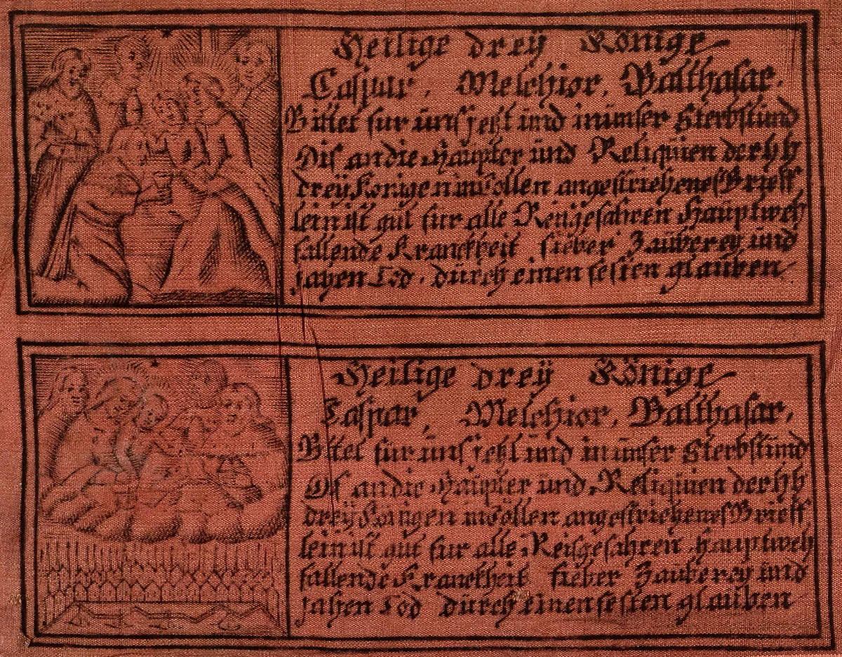 A sheet of brick-red silk printed in black, divided into two panels stacked one above the other. Each pairs a small engraved scene of robed figures with roughly eight lines of German blackletter.