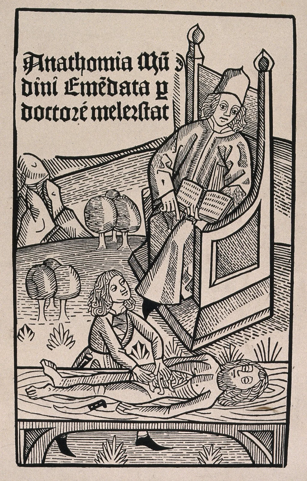 Fig. IV — A pre-Vesalian anatomy scene after Mondino, with the book still presiding over the opened body.` / credit: `Line block after a c. 1493 woodcut / Wellcome Collection - Public Domain Mark.