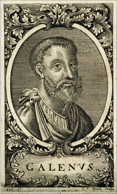 Fig. II — Galen of Pergamon (AD 129–c. 216), who won his post as physician to the gladiators, by his own account, with a display of anatomical daring.` / credit: `Woodcut portrait from a sixteenth-century edition of Galen's works / Wellcome Collection — Public Domain Mark.` (★짝글 Fig. I 선판화 초상과 다른 판본으로.)