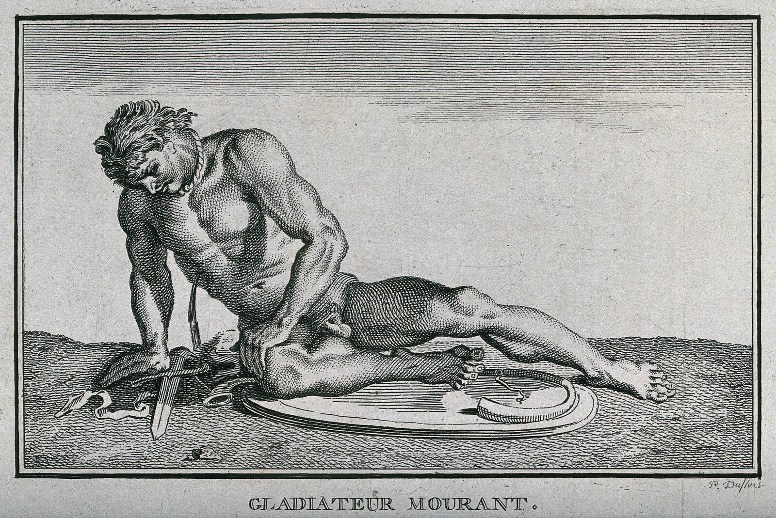 Fig. IV — A wounded gladiator carried from the sand, in a later artist's reconstruction of the arena's aftermath.` / credit: `Engraving, nineteenth century / Wellcome Collection — Public Domain Mark.` (대체 후보: murmillo·thraex 대결 부조/모자이크 Commons PD.)