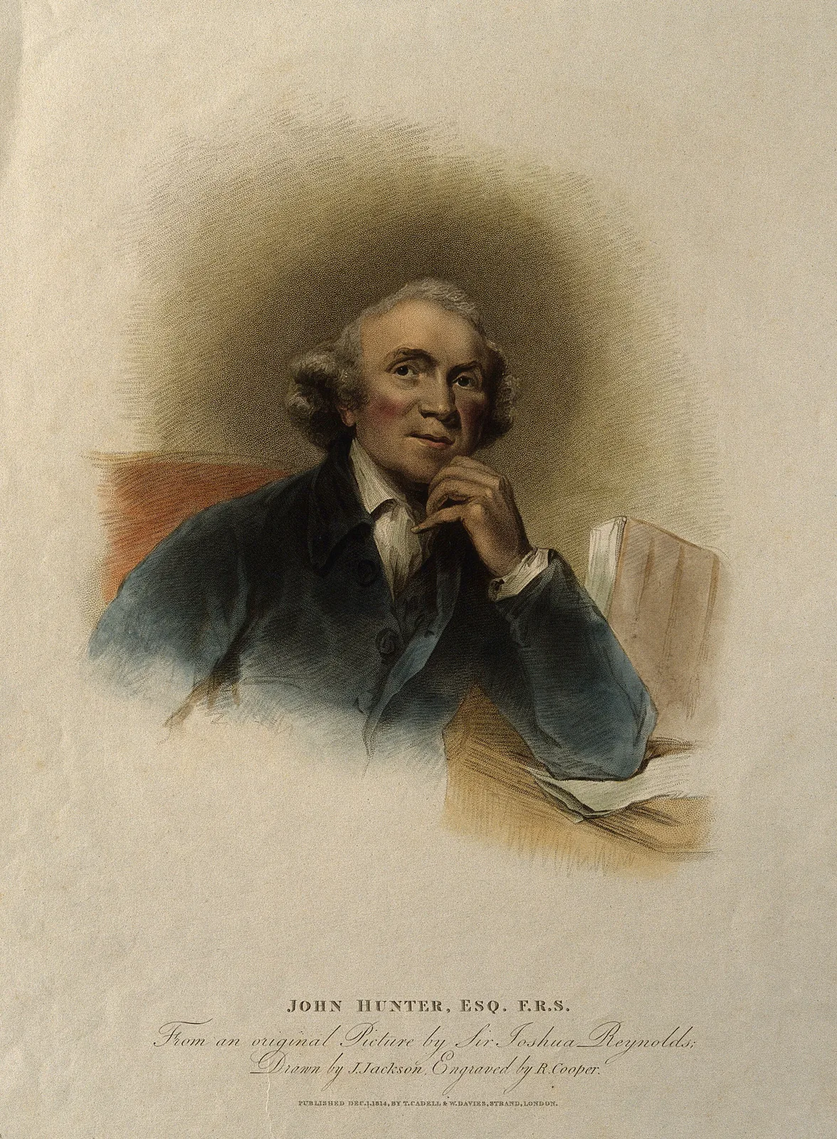 John Hunter, Jenner's surgical teacher, coloured stipple engraving by Richard Cooper after John Jackson after Sir Joshua Reynolds, 1814. Wellcome Collection - Public Domain Mark. WP media **545**.