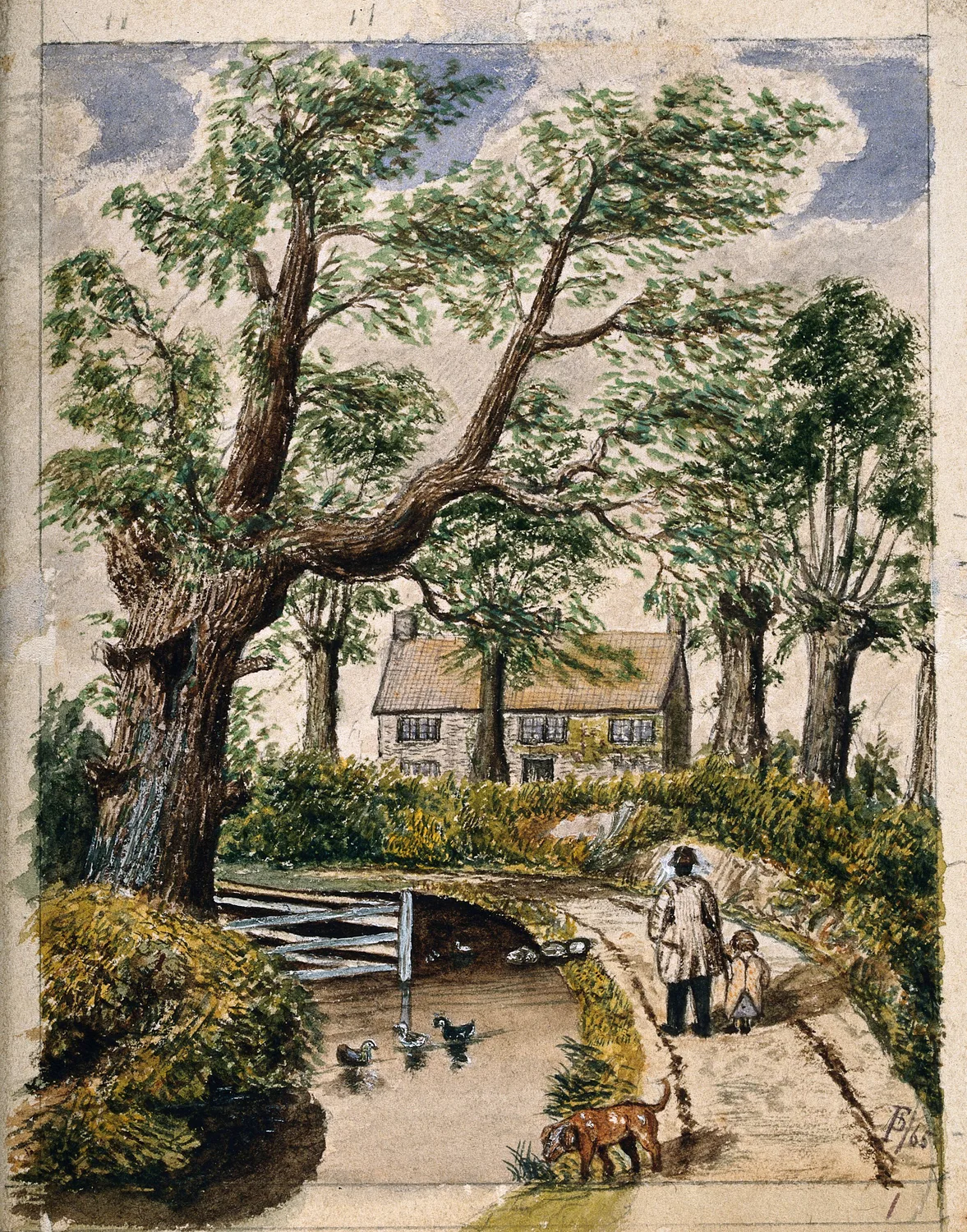 The Berkeley cottage associated with Jenner's first vaccination; watercolour by F. Pick, September 1865. Wellcome Collection - Public Domain Mark. WP media **548**.