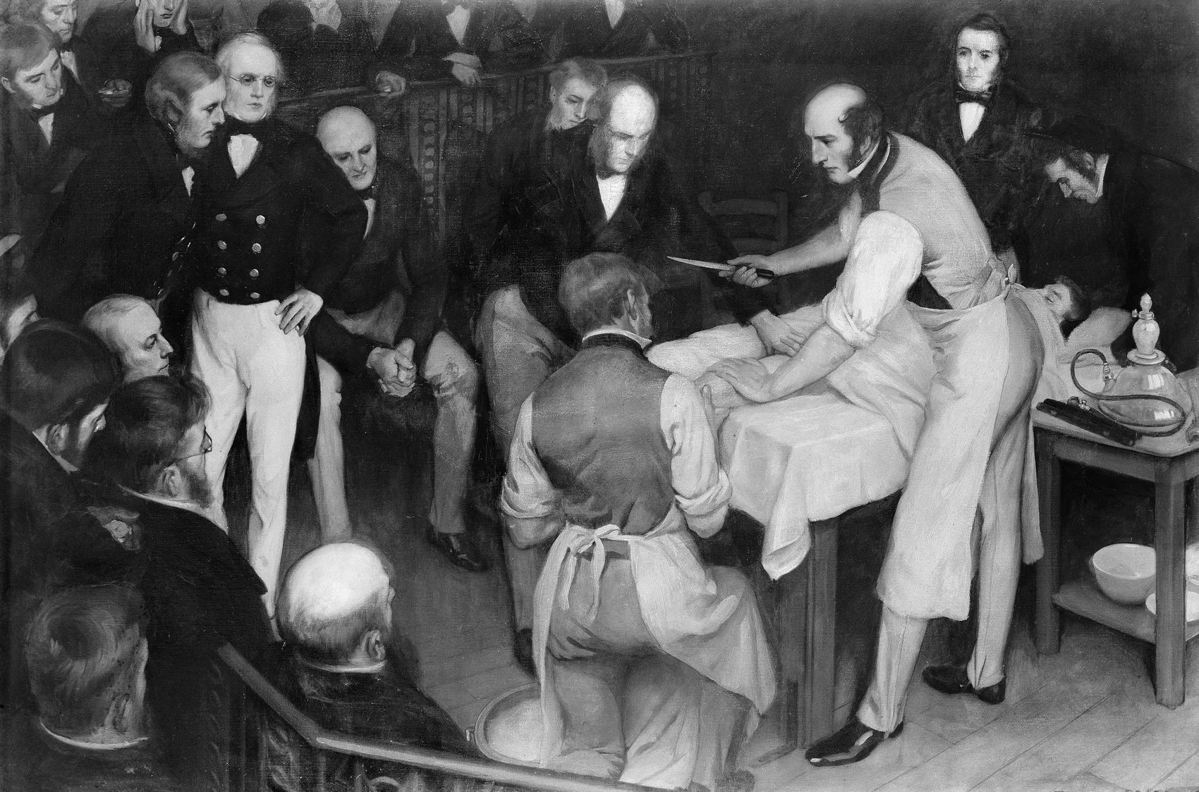 Liston operating under ether at University College Hospital, 21 December 1846 — the first surgery under anaesthesia in Europe. (WP media **592**)