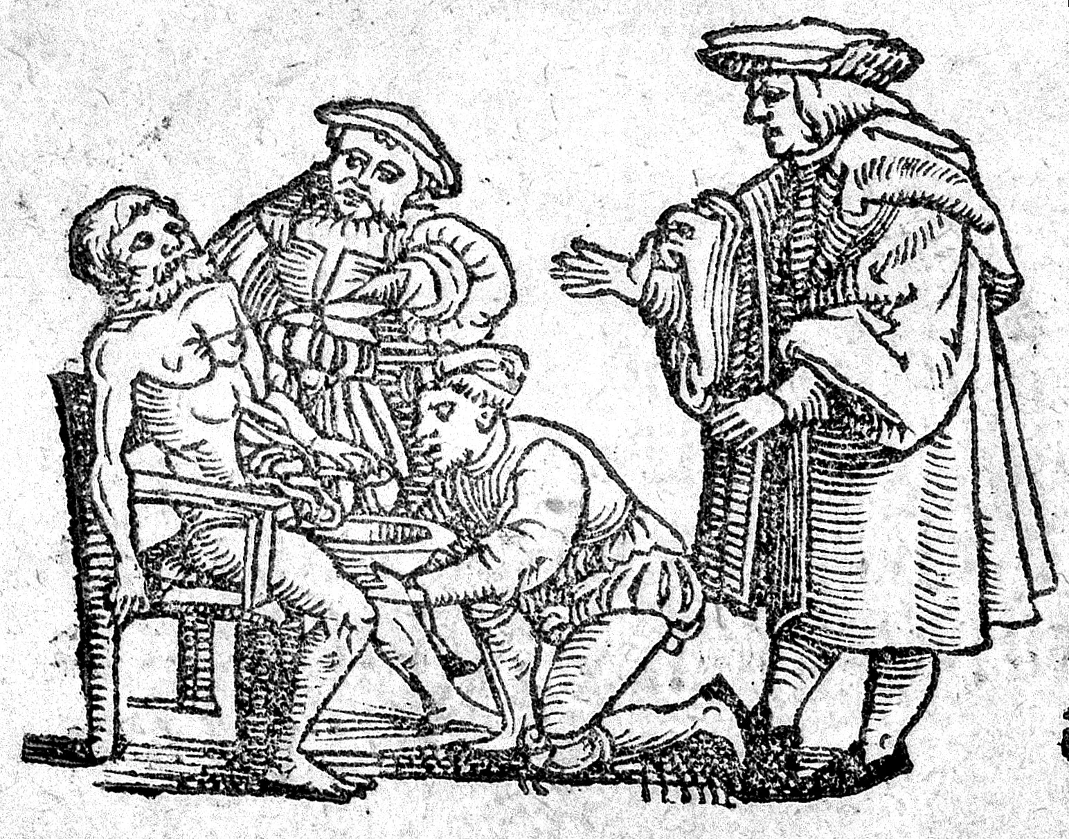 Sixteenth-century print of a bloodletting in a seated patient's arm.