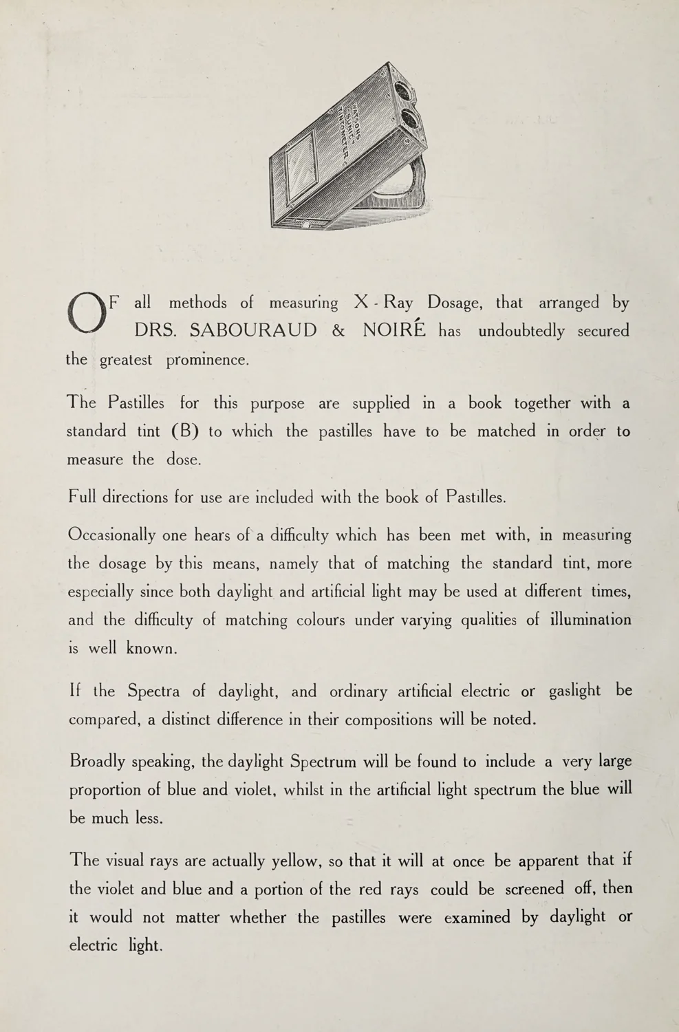 Fig. II — A Sabouraud-Noiré pastille dosage guide, one of the colour standards by which early operators tried to measure the skin dose before it announced itself as a burn.` / credit: `Wellcome Collection - Public Domain Mark.