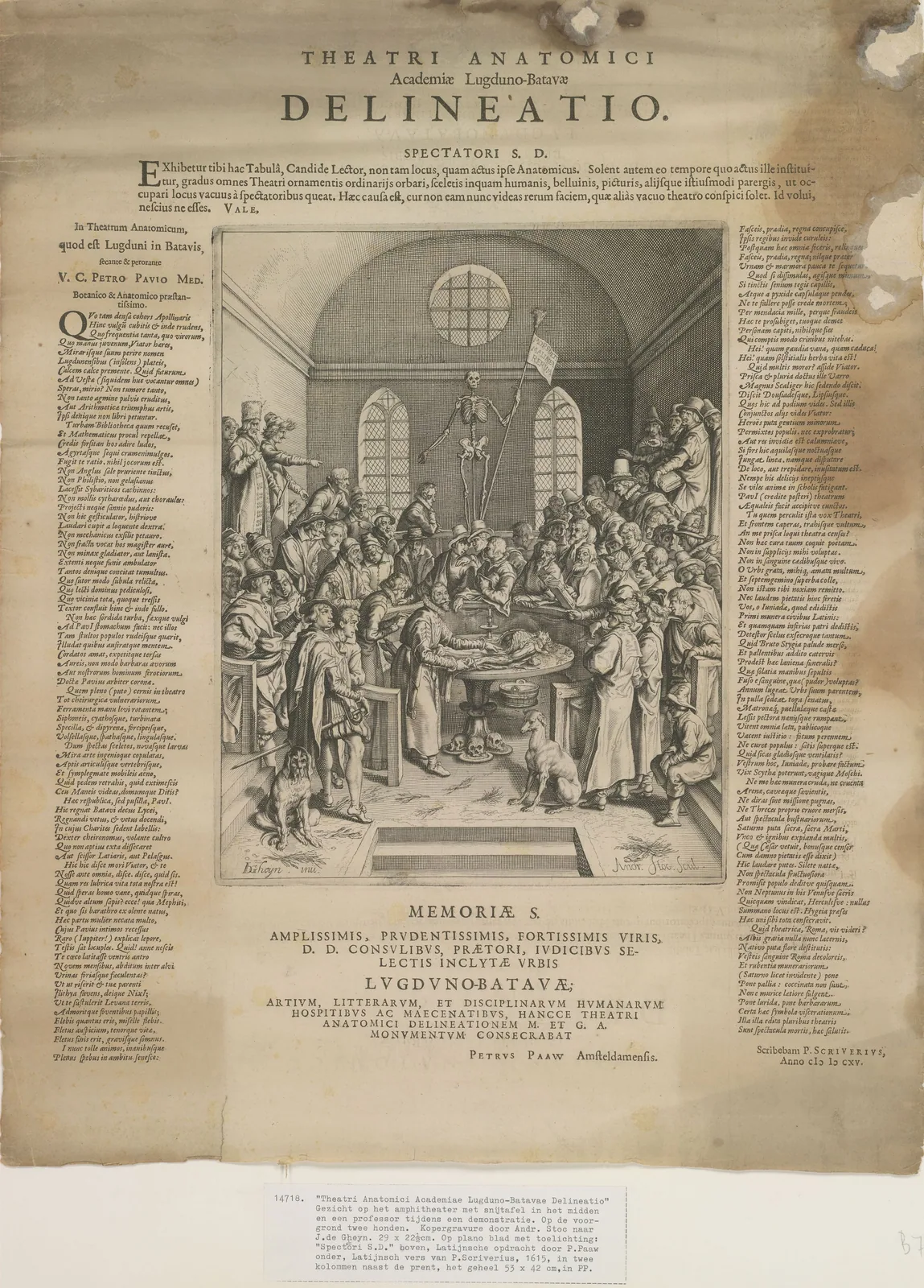 Fig. II — Pieter Pauw at the table in the Leiden theatre, the galleries banked with onlookers around a single opened body. Pauw fitted his theatre into the shell of a former church in 1594, the same year Fabricius raised his at Padua.` / credit: `Engraving by Andries Stock after Jacques de Gheyn II, 1615 / Wellcome Collection — public domain.
