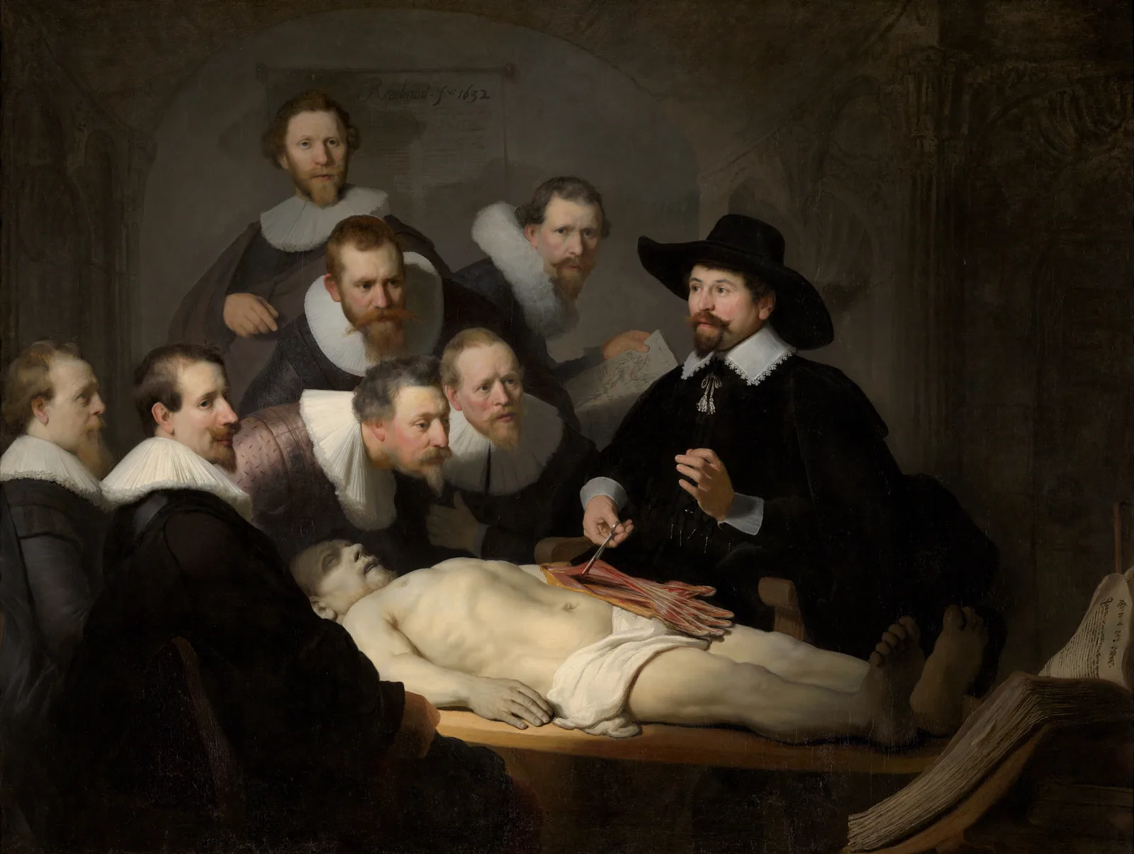 Fig. III — Rembrandt's Anatomy Lesson of Dr Nicolaes Tulp (1632). Each of the seven surgeons paid for his place in the canvas; the one figure who did not choose to be there is the dead man, Adriaen Adriaenszoon, hanged that day for a violent robbery and given to the guild for its yearly public dissection.` / credit: `Rembrandt van Rijn, oil on canvas, 1632, Mauritshuis, The Hague / Wikimedia Commons — public domain.