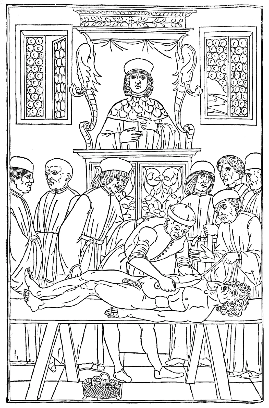 Fig. IV — A public dissection in the old order, from the Fasciculus Medicinae of 1493: the professor enthroned above with the text, a demonstrator pointing to the part, and a barber-surgeon doing the cutting below. The theatre inherited this hierarchy before Vesalius came down to take the knife himself.` / credit: `Woodcut, Johannes de Ketham, Fasciculus Medicinae (Venice, 1493/1495) / Wikimedia Commons — public domain.