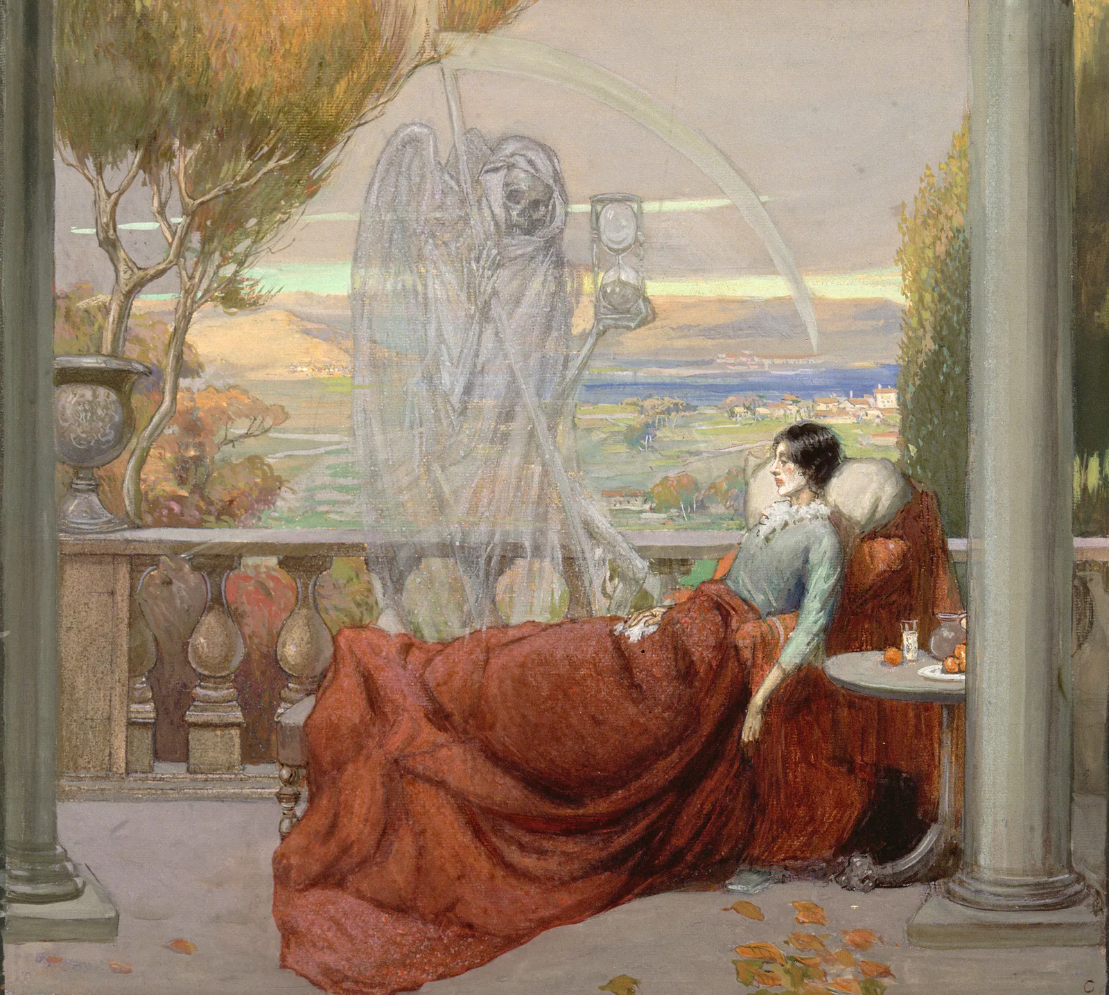 A sickly young woman with Death standing beside her, an allegory of tuberculosis. Richard Tennant Cooper, c. 1912, Wellcome Collection, CC BY 4.0. WP media **510**.